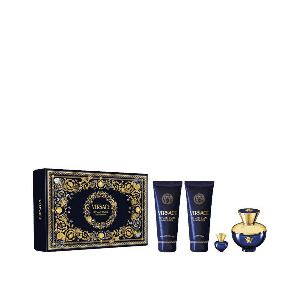 VERSACE Dylan Blue Set (EDP 100ml + EDP 5ml + BL 100ml + SG 100ml )| فيرساتشي سيت ديلان بلو او ديو بارفان للنساء - 100 مل + 5 مل + 100 مل + 100 مل