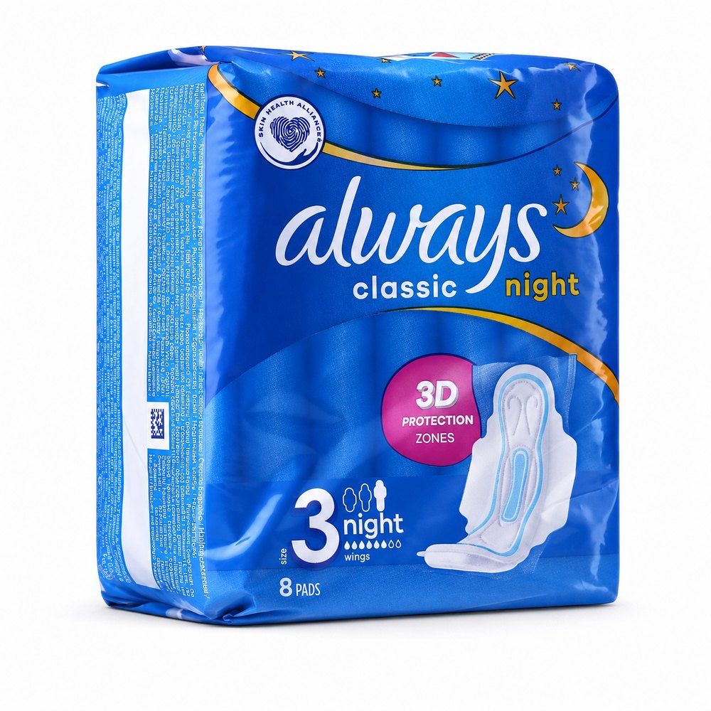 Always Classic Night 3D - 8 Pads | أولوليز فوط نسائية ليلية - 8 قطع