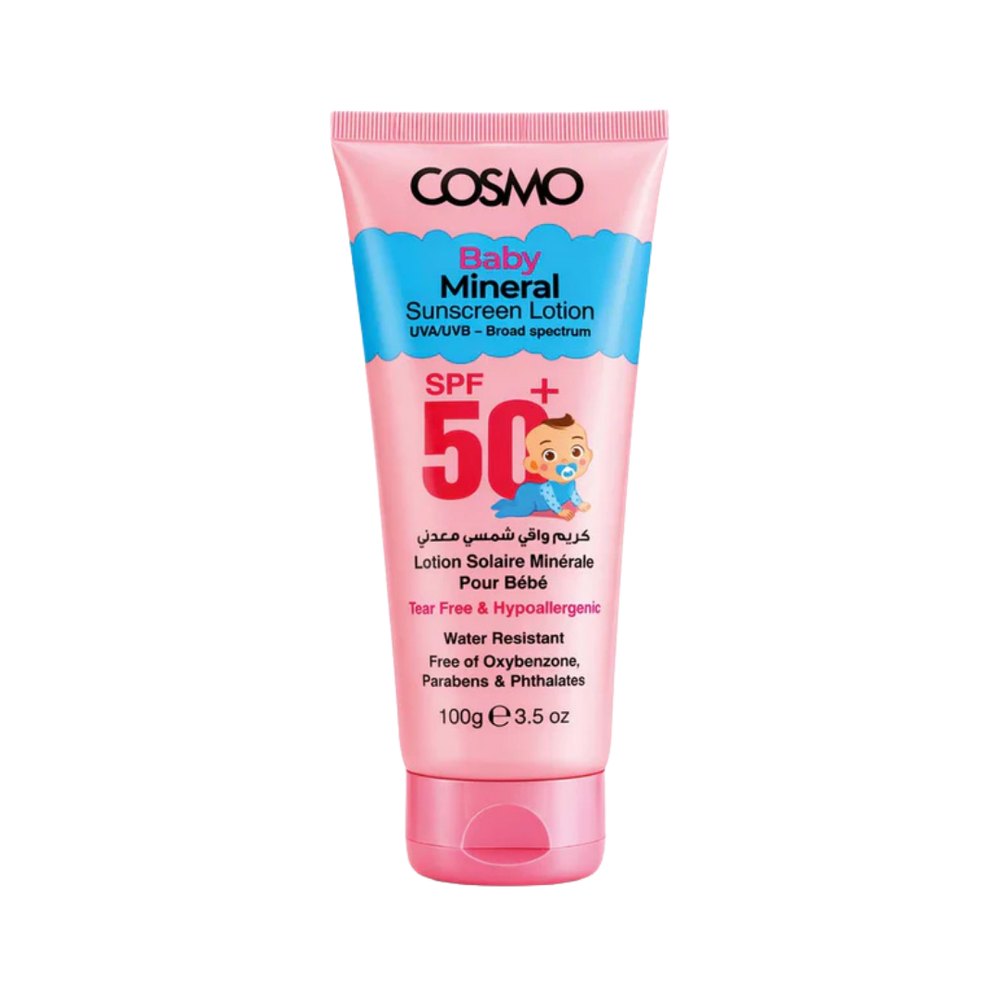 COSMO COSMETICS BABY MINERAL SUNCREEN LOTION SPF 50+ - 100g | كوزمو كوزمتكس لوشن واقي شمس معدني للأطفال SPF 50+ - 100 غرام