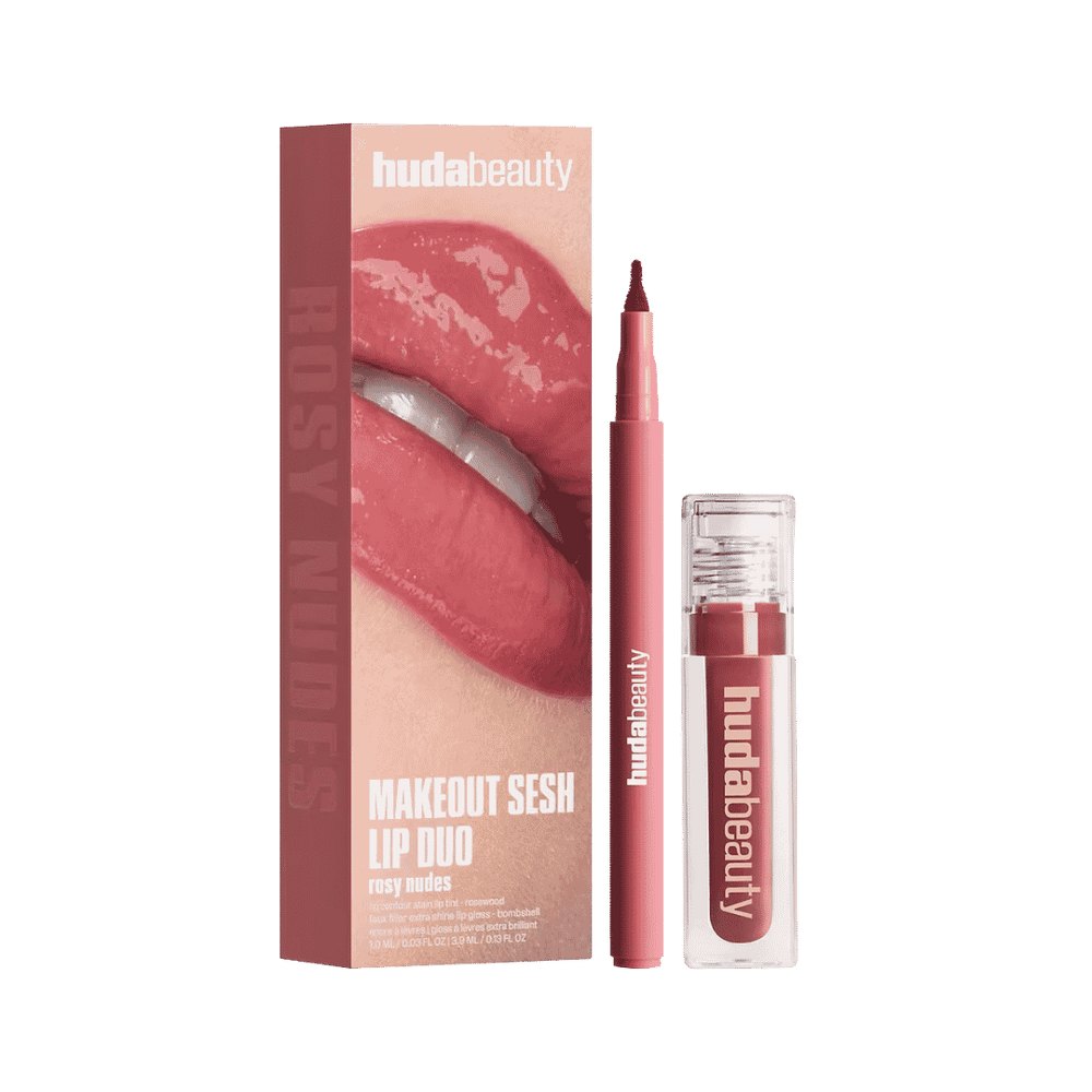 Huda Beauty Makeout Sesh Lip Duo Rosy Nudes - 10ml | هدى بيوتي ثنائي الشفاه ميك آوت سيش روزي نودز - 10مل