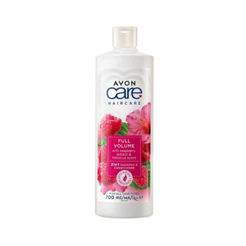 Avon Care Full Volume with Raspberry Extract & Hibiscus Scent - 2in1 Shampoo & Conditioner for all Hair Types - 700ml | أفون كير شامبو وبلسم 2 في 1 لزيادة كثافة الشعر بخلاصة التوت ورائحة الكركديه - 700 مل