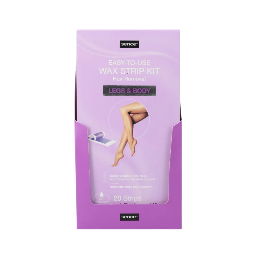 Sence WAX STRIP KIT LEGS & BODY 20 STRIPS + 4 POST WAX WIPES | سينس بيوتي مجموعة شرائح الشمع للساقين والجسم - 20 شريحة + 4 مناديل ما بعد إزالة الشعر