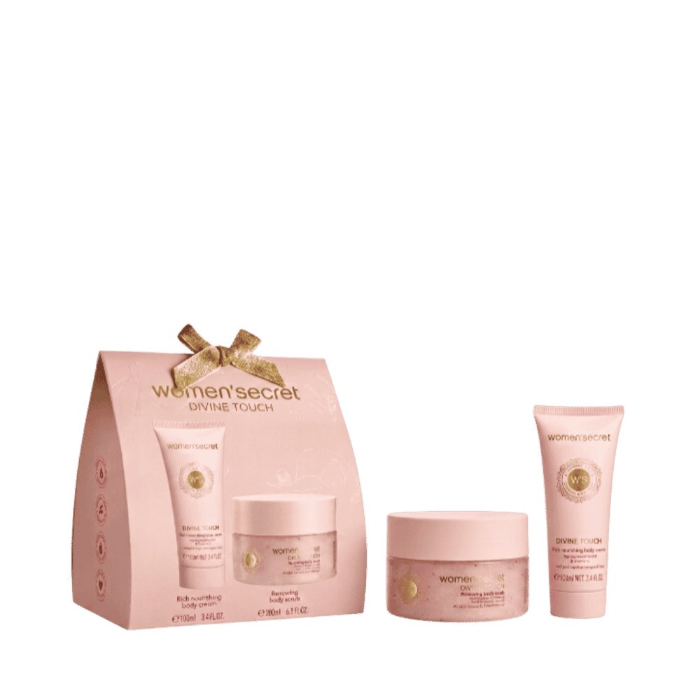 Women’Secret DIVINE TOUCH Rich Nourishing Body Cream -100ml Renewing Body Scrub - 200 ml| ومن سيكرت مجموعة كريم مغذٍ للجسم ومقشر مجدد- 100مل