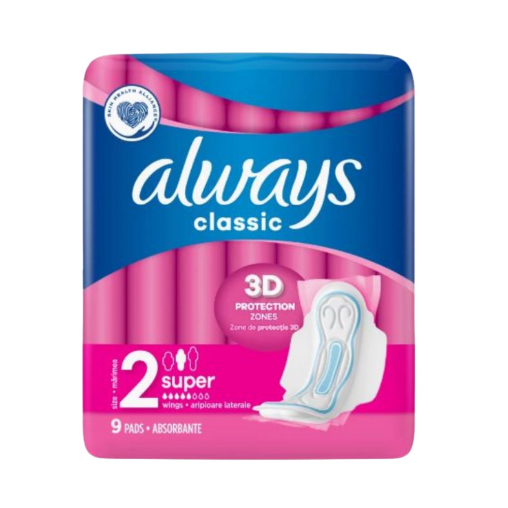 Always Classic 3 D 2 Super - 9 Pads | اولويز كلاسيك 3 D مقاس 2 سوبر - 9 فوط