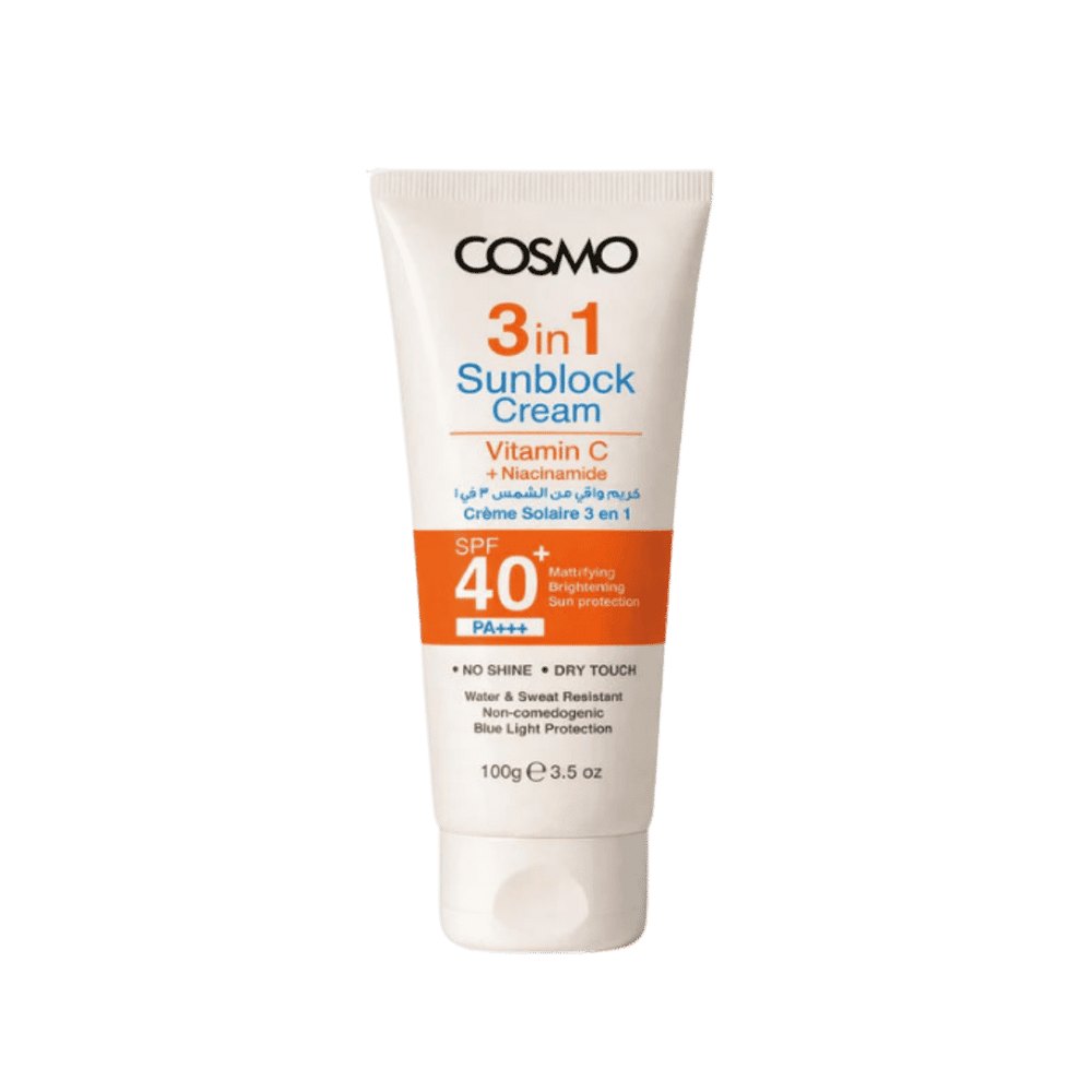 COSMO COSMETICS 3IN1 SUNBLOCK CREAM SPF 40+ - 100g | كوزمو كوزمتكس كريم واقي شمسي 3 في 1 spf40+ - 100 غرام