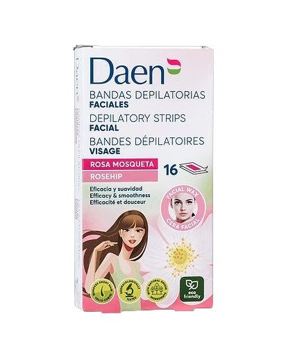 Daen Facial wax strips Rosa Mosqueta Rosehip | داين شرائح شمع للوجه بالورد البري - 16 شريحة
