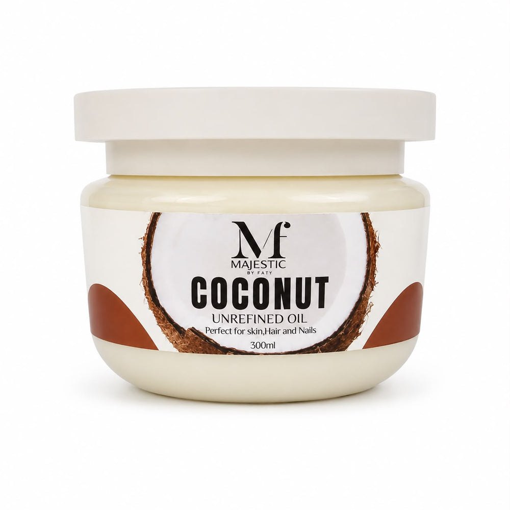 MAJESTIC BY FATY Coconut Unrefined Oil Perfect For Skin Hair And Nails - 300ml | ماجيستك باي فاتي زيت جوز الهند غير مكرر - 300مل
