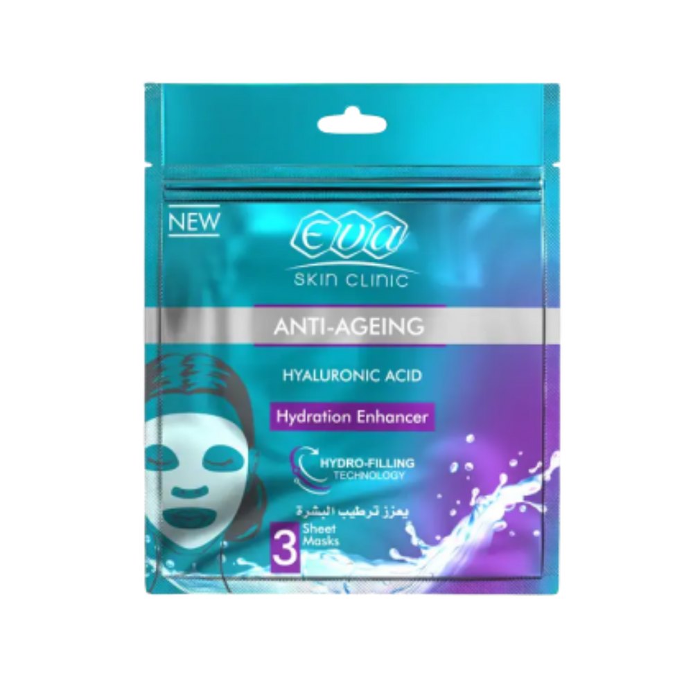 Eva Skin Clinic HyaluronicAcid Sheet Mask 3 Sheets - 42ml | ايفا ماسك ورقي للوجه عدد 3 بالهيالورونيك اسيد - 42 مل