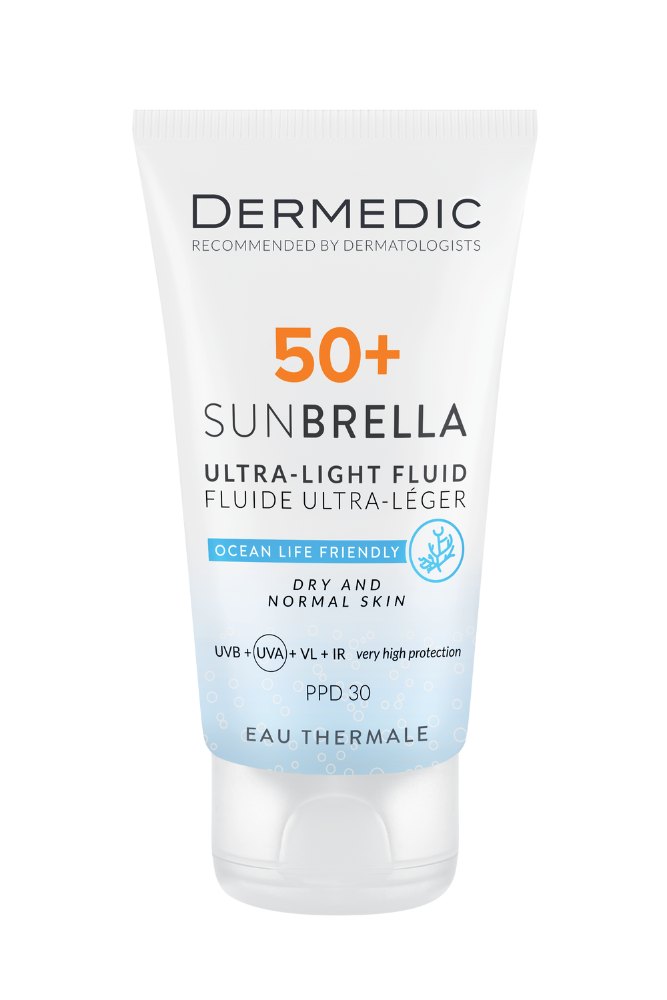 DERMEDIC Sunbrella Ultra-light fluid SPF 50+dry and normal skin - 40ml | ديرمديك واقي شمسي خفيف القوام للبشرة العادية و الجافة spf50+ - 40 مل
