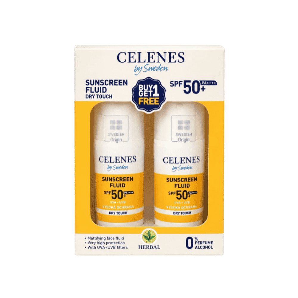 Celenes by Sweden Sunscreen Fluid Dry Touch Buy Get Free Spf 50 + | سيلينس عرض مكوّن من عبوتين من سائل واقي الشمس للوجه
