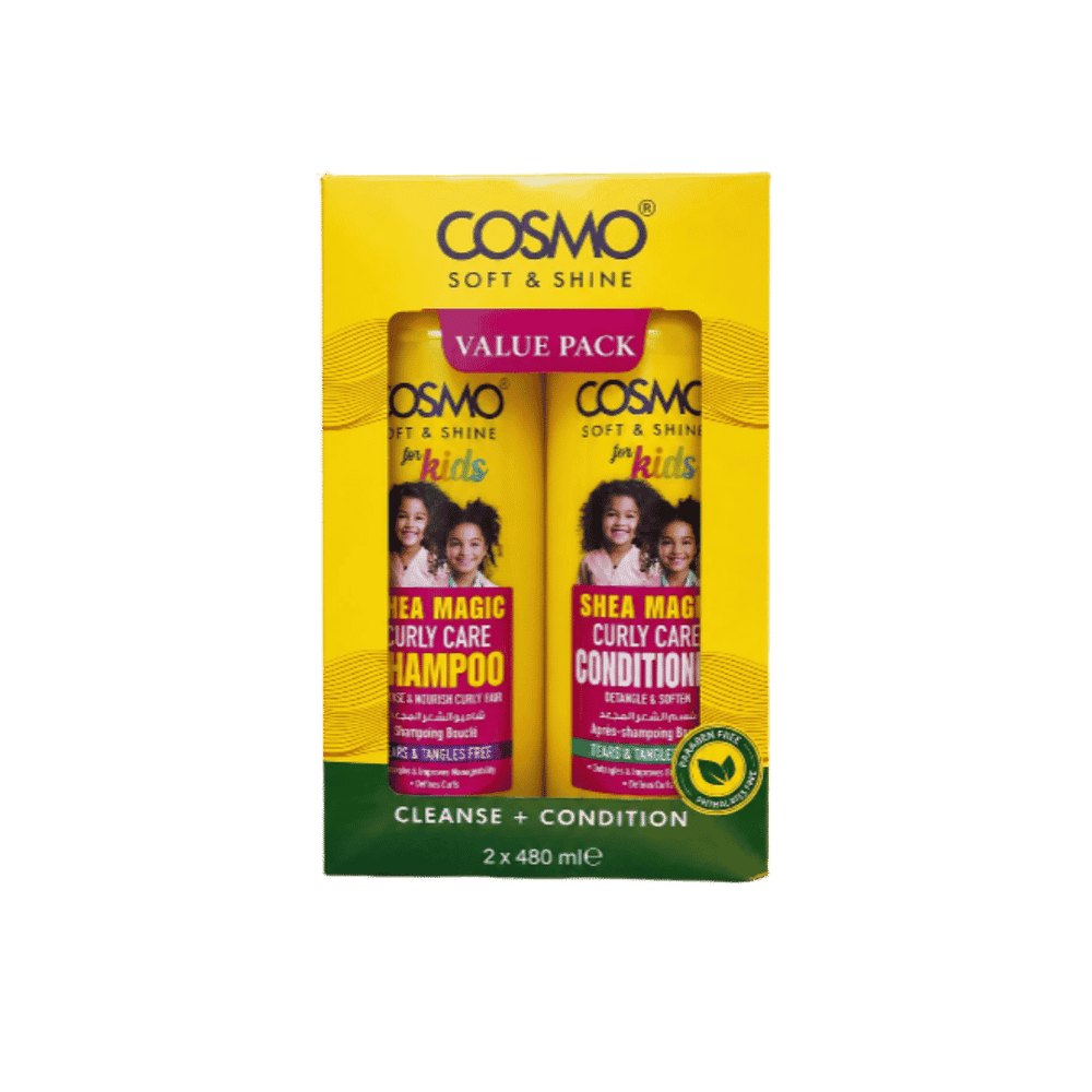COSMO COSMETICS 2PCS VALUE PACK SHEA MAGIC FORKIDS SHAMPOO & CONDITIONER - 480ml | كوزمو كوزمتكس مجموعة للعناية بالشعر الكيرلي للأطفال- 480مل