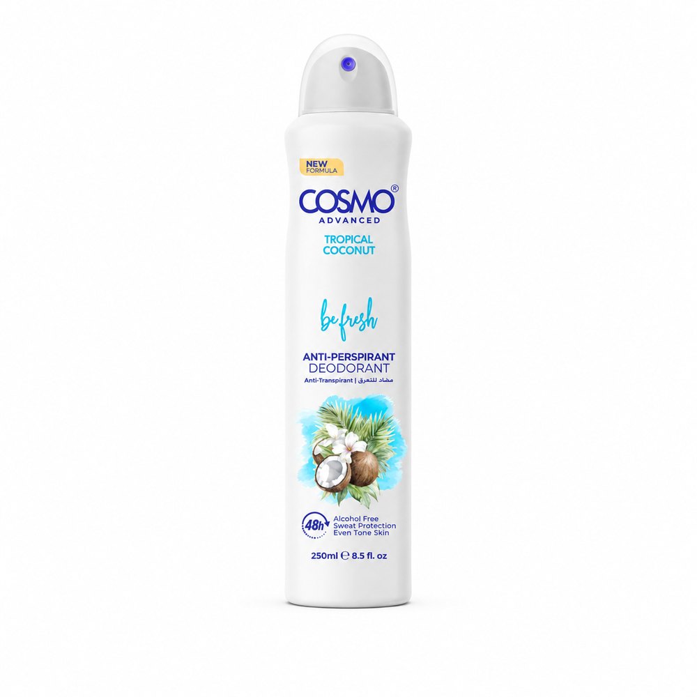 Cosmo Be Fresh Advanced Anti-Perspirant Spray – Tropical Coconut Scent - 250ml | كوزمو مزيل العرق المضاد للتعرق بجوز الهند الاستوائي - 250 مل