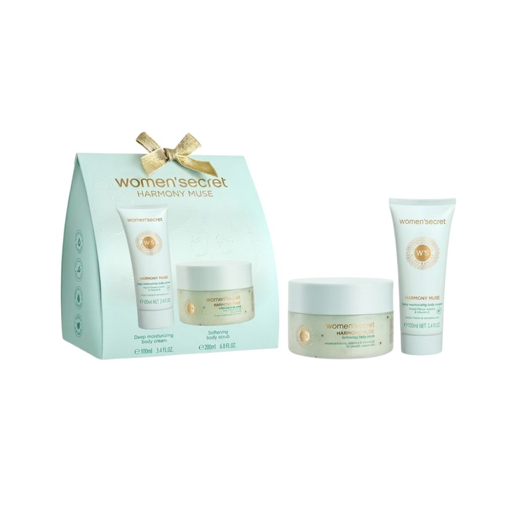 Women’Secret HARMONY MUSE Deep Moisturizing Body Cream - 100ml Softening Body Scrub - 200ml | ومن سيكرت مجموعة العناية للجسم كريم ومقشر للجسم - 100 مل