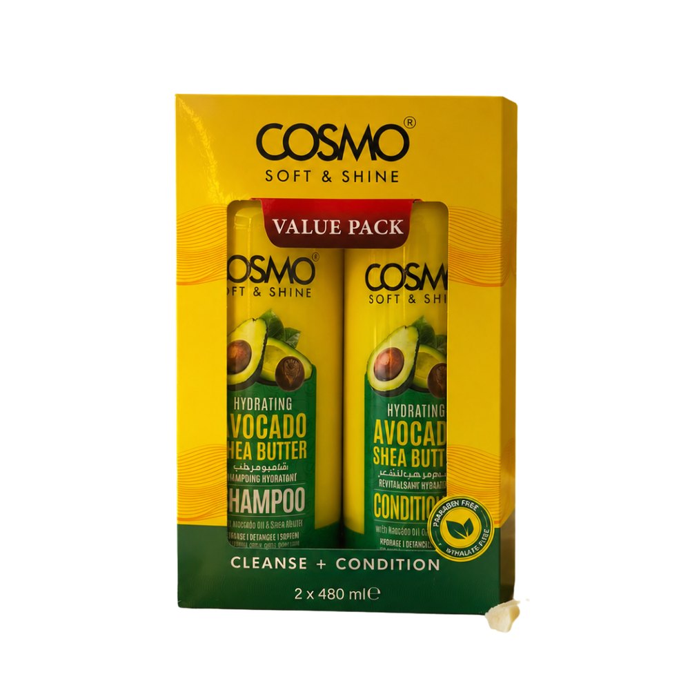 COSMO COSMETICS 2PCS VALUE PACK AVOCADO SHEA BUTTER SHAMPOO & CONDITIONER SOFT & SHINE - 480ml |كوزمو كوزمتكس مجموعة شامبو وبلسم بالأفوكادو وزبدة الشيا - 2 × 480 مل