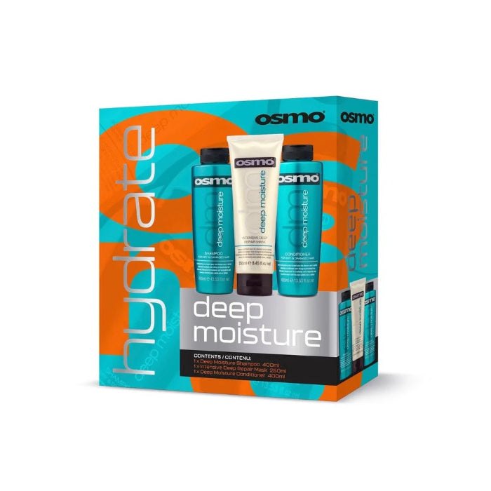 osmo Hydrate Deep Moisture Shampoo+Conditioner+Repair Mask - 400x400x250ml | أوزمو مجموعة للعناية بالشعر الجاف و التالف - 400x400x250 مل