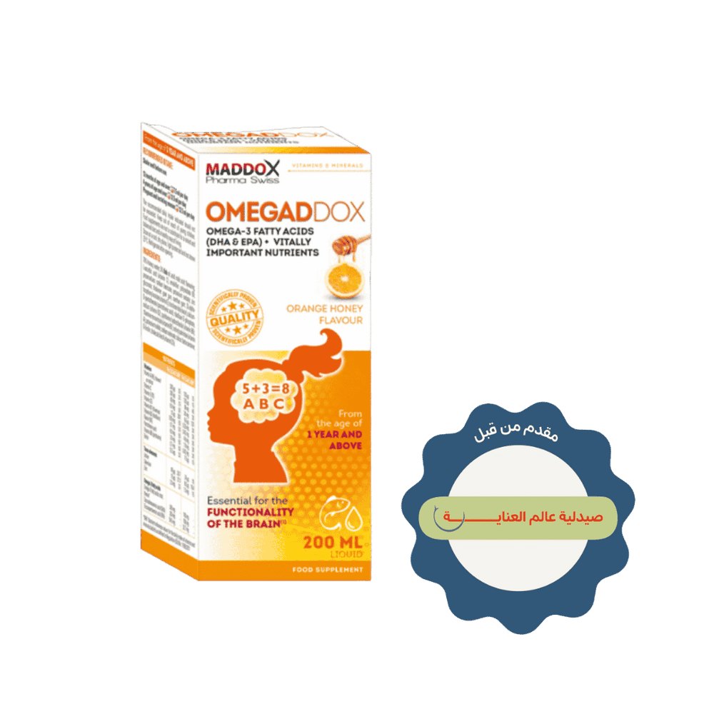 MADDOX Omegadox Omega 3 Orange Honey Flavour Liquid - 200ml | مادوكس أوميجادوكس شراب بنكهة العسل والبرتقال - 200مل