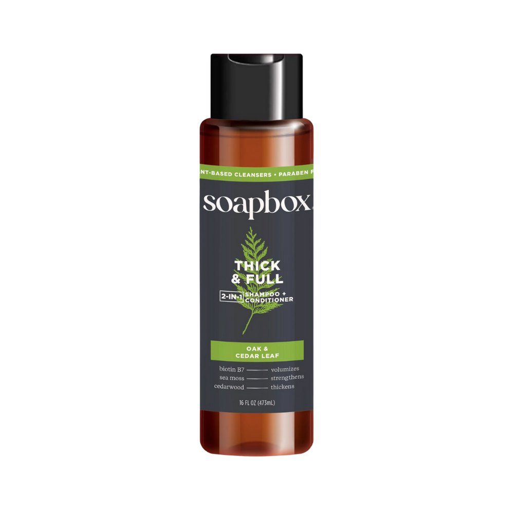 Soapbox Thick & Full, 2-In-1 Shampoo + Conditioner, Oak & Cedar Leaf - 473ml | سوب بوكس شامبو وبلسم 2 في 1 كثيف وممتلئ – أوراق البلوط والأرز – 473 مل