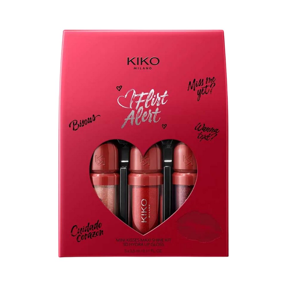 KIKO Flirt Alert Mini Kisses Maxi Shine Kit 3D Hydra Lip Gloss - 3 × 3.5ml |كيكو مجموعة ميني غلوس للشفاه – 3 × 3.5 مل