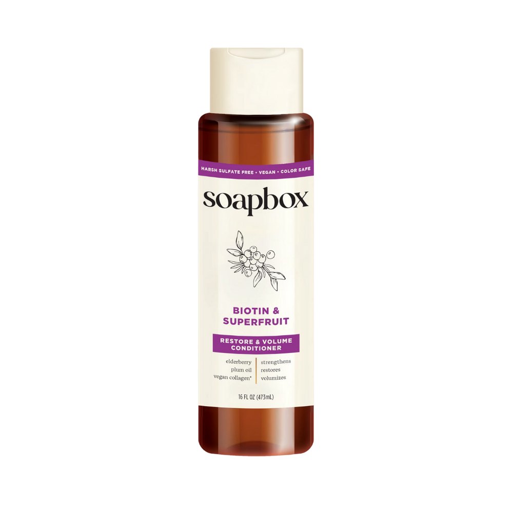 Soapbox Biotin And Superfruit Blend Strengthening Conditioner - 473ml | سوب بوكس بلسم تقوية الشعر بمزيج البيوتين والفواكه الخارقة – 473 مل