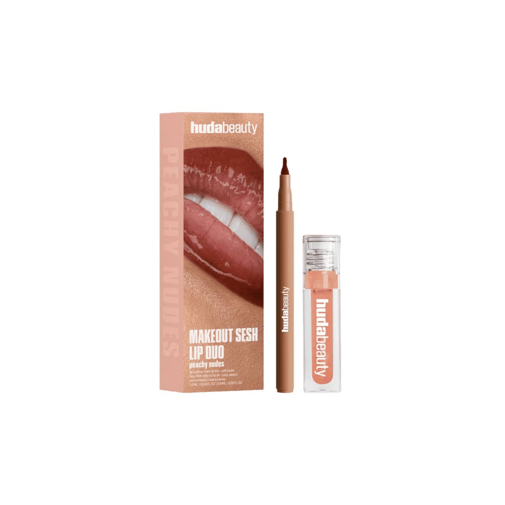Huda Beauty Makeout Sesh Lip Duo Peachy Nudes - 10ml | هدى بيوتي مجموعة قلم تحديد شفاه مع غلوس - 10 مل