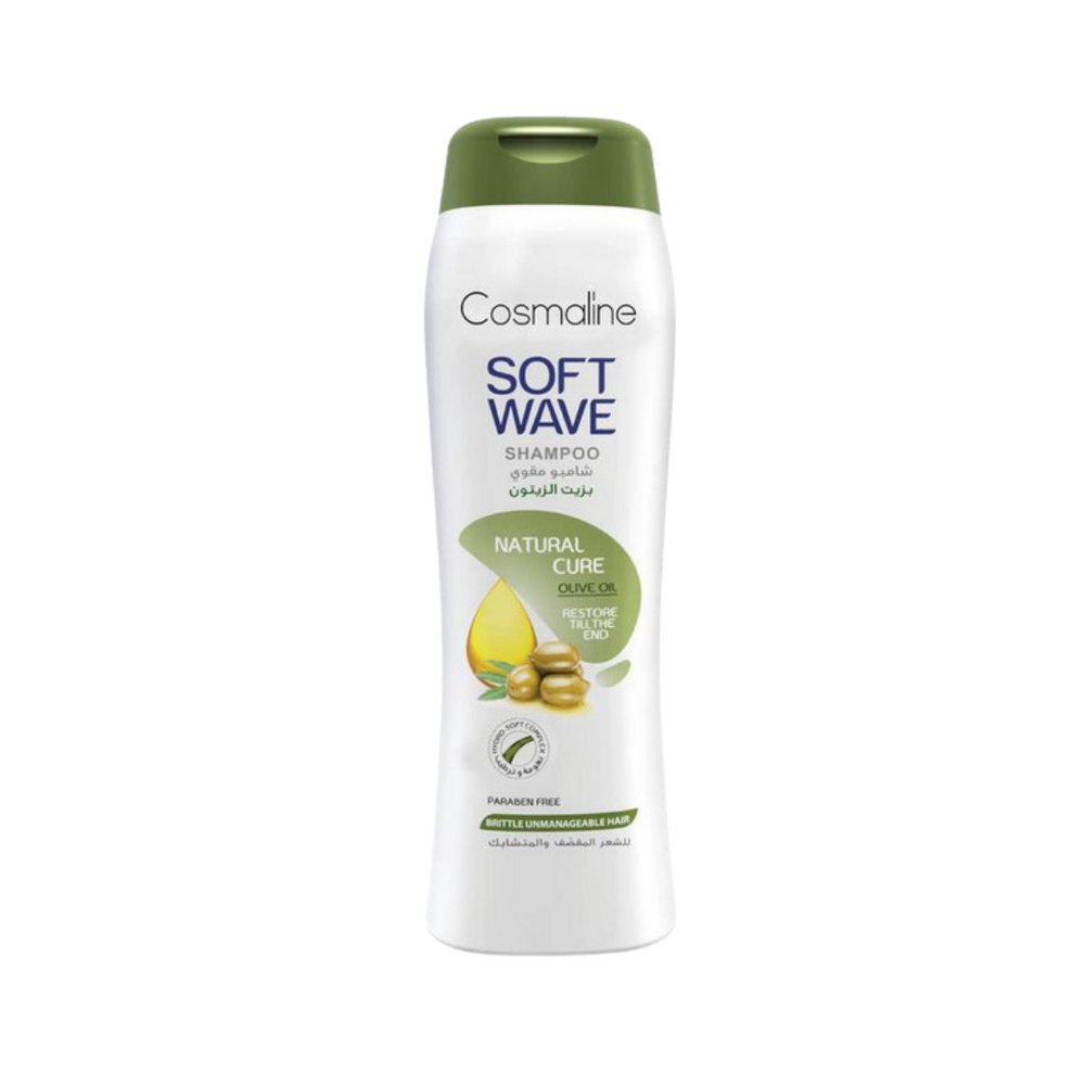 COSMALINE Soft Wave Natural Cure Shampoo For Brittle Unmanageable Hair – 400ml | كوزمالين شامبو للشعر الهايش و المتقصف بزيت الزيتون - 400 مل