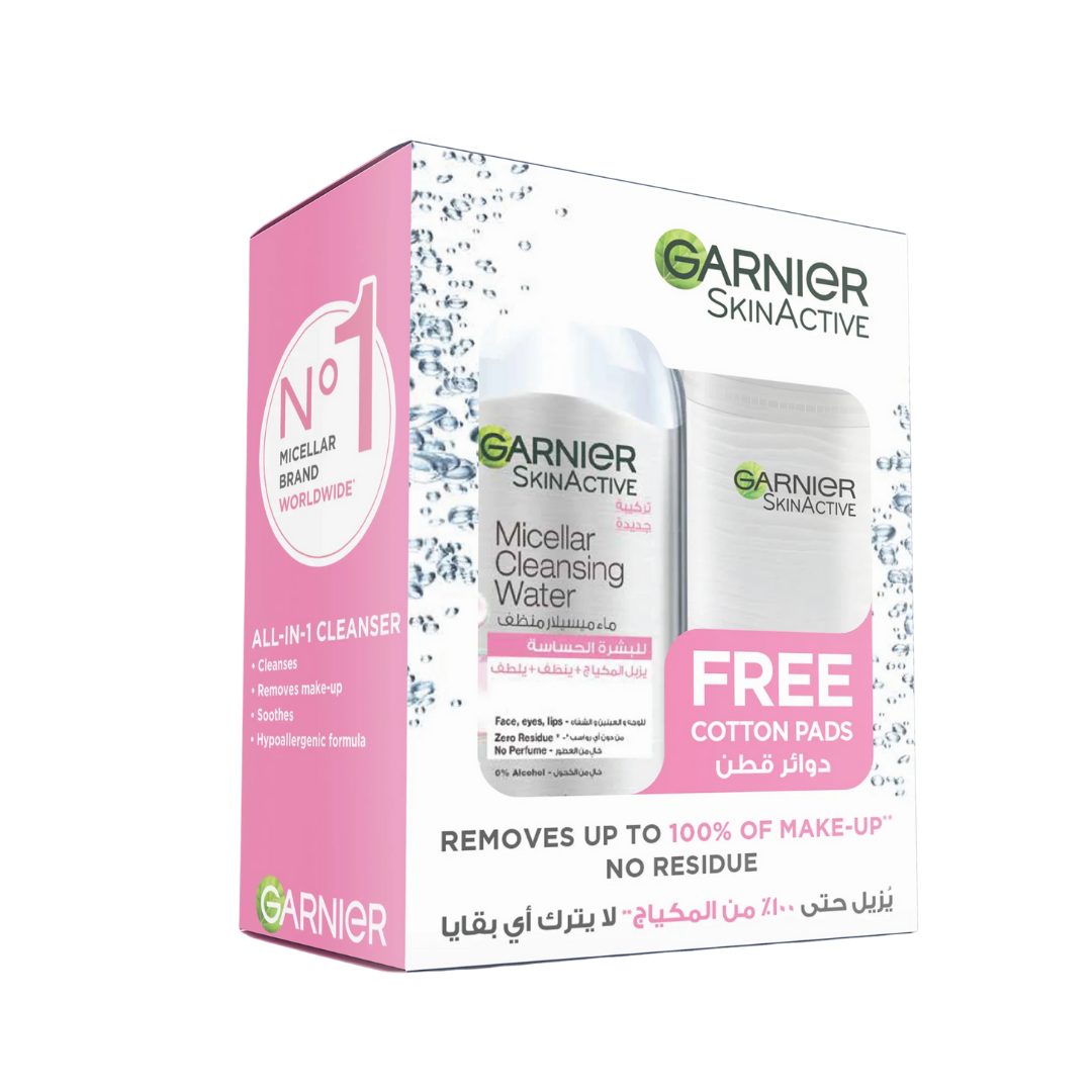 Garnier Skin Active Micellar Water Free Cotton _ Pads - 400ml| غارنييه ماء ميسيلار للبشرة الحساسة مع دوائر قطن مجانية – 400 مل