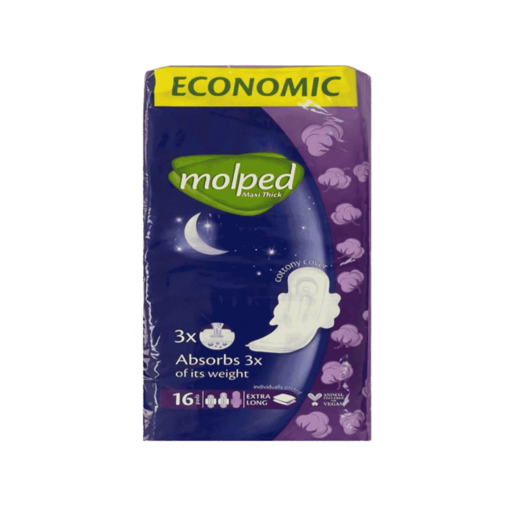 Molped Maxi Thick Absorbs Of Its Weight Extra Long pcs 16| مولبيد فوط نسائية سميكة ليلية 16 قطعة