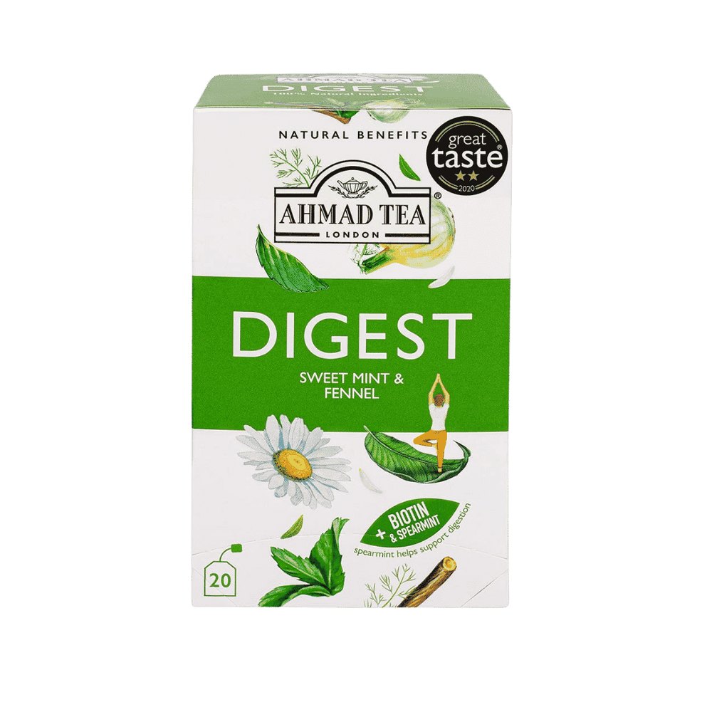 Ahmad Tea Digest Natural Benefits Sweet Mint Fennel Biotin + Spearmint - 20 Bags | شاي احمد شاي النعناع الحلو والشمر والبيوتين والنعناع السنبلي - 20 كيس
