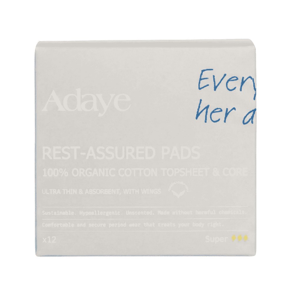 Adaye Rest Assured Pads 100% Organic Cotton Topsheet & Core Super x 12 | اداي فوط صحية سوبر من القطن العضوي 100% - 12 فوطة