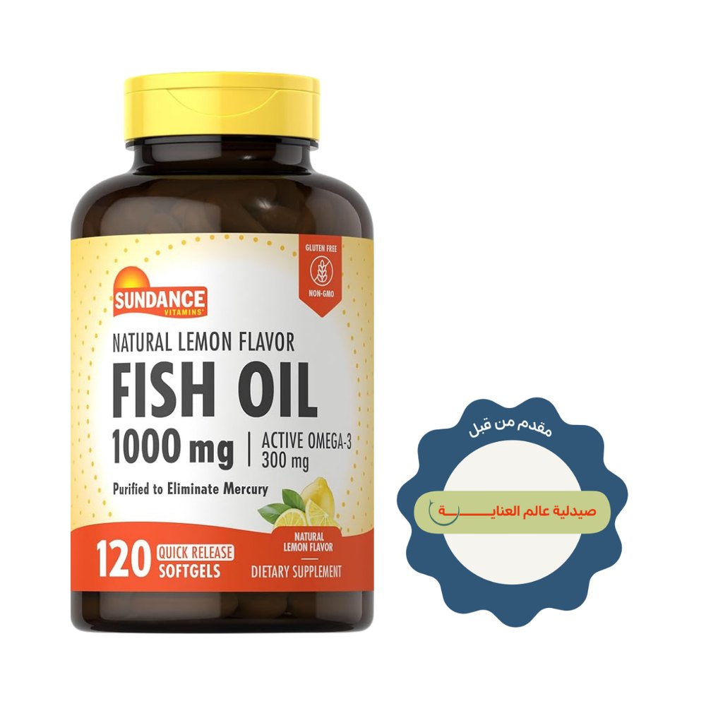Sundance Fish Oil 1000mg with 300mg Active Omega-3 Natural Lemon Flavor - 120 Quick Release Softgels |ساندانس زيت السمك 1000 ملغ مع أوميغا 3 النشطة 300 ملغ بنكهة الليمون الطبيعية - 120 كبسولة هلامية سريعة التحرر