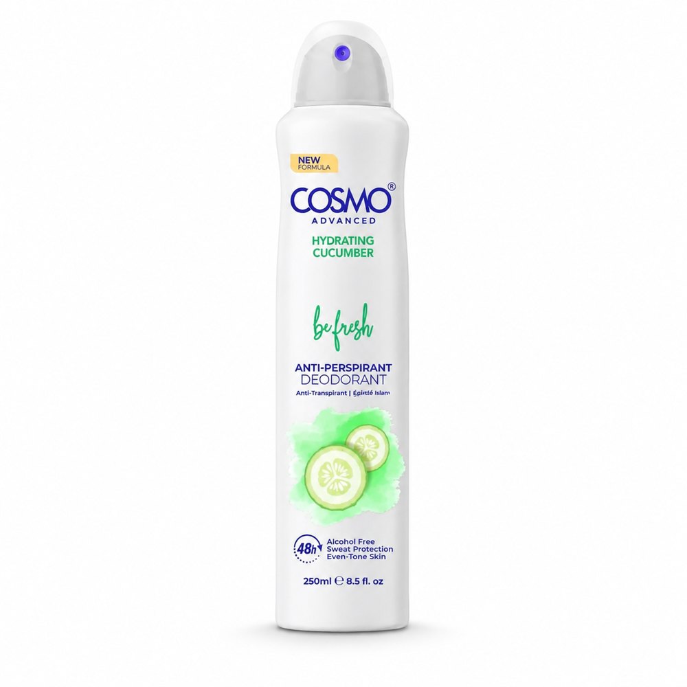 Cosmo By Fresh Advanced Anti perspirant 48h Hydrating Spray with Cucumber - 250ml | كوزمو باي فريش أدفانسد مضاد للتعرّق بخاخ 48 ساعة بترطيب الخيار – 250 مل