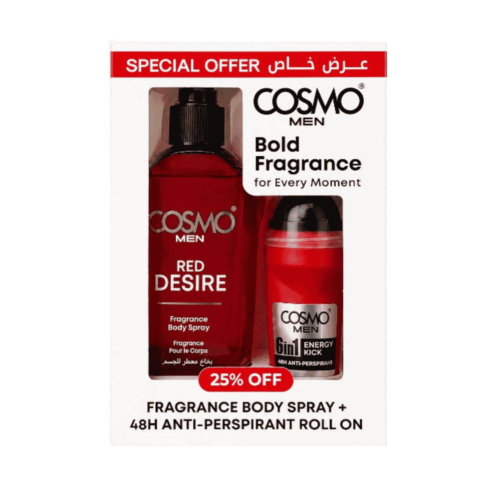 COSMO COSMETICS 2P OFR RED+ENERGY FRG SPRY+6IN1 ROLL - 200ml | كوزمو كوزمتكس إنرجي كت سبراي جسم معطر + رول أون 6 في 1 - 200مل