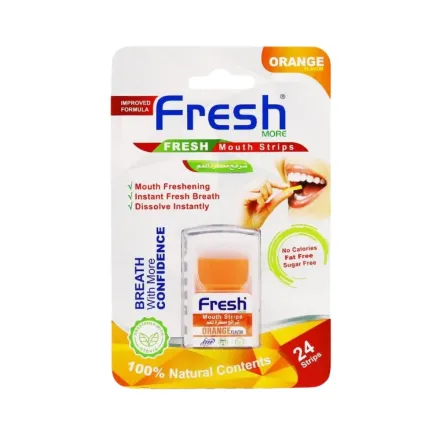 fresh breath strips Orange flavor breath with more confidence | فريش شرائح منعشة بنكهة البرتقال، تمنحك نفساً منعشاً وثقة أكبر.