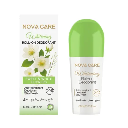 NOVA CARE Whitening Roll-On Deodorant 24h Anti-Perspirant Sweet&White Flowers - 60ml |نوفا كير مزيل تعرق للتفتيح رول أون مضاد للتعرق لمدة 24 ساعة برائحة الزهور الحلوة والبيضاء – 60 مل