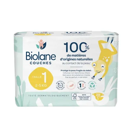 Biolane Natural baby diaper 1 size - 28 pcs |بايولان حفاضات أطفال طبيعية – المقاس 1 (عدد 28 قطعة)