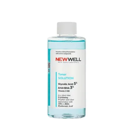 NEW WELL Toner Solution Glycolic Acid 5% AHA+Bha3% - 200ml | نيو ويل تونرالمقشر بحمض الجليكوليك AHA 5% وBHA 3% لتجديد البشرة وتنقية المسام - 200 مل