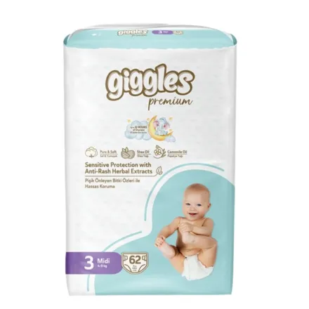 giggles premium Midi 4_9 kg 62 Pcs | جيجي ليس حفاضات للأطفال لوزن 4_9 كغ - 62 قطعة