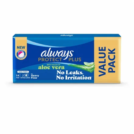 Always Protect Plus Aloe Vera Extra Long Pads - 14Pcs | أولوليز فوط نسائية بروتكت بلس بالألوفيرا - 14 قطعة