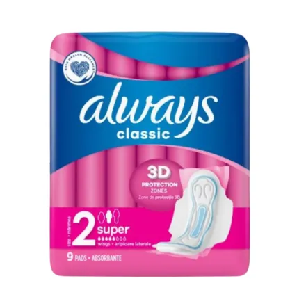 Always Classic 3 D 2 Super - 9 Pads | اولويز كلاسيك 3 D مقاس 2 سوبر - 9 فوط