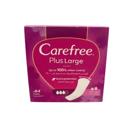 Carefree Plus Large Light Scent Panty Liners 64* Pcs | كير فري فوط يومية نسائية بحجم اكبر - 64 قطعة