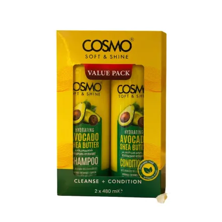 COSMO COSMETICS 2PCS VALUE PACK AVOCADO SHEA BUTTER SHAMPOO & CONDITIONER SOFT & SHINE - 480ml |كوزمو كوزمتكس مجموعة شامبو وبلسم بالأفوكادو وزبدة الشيا - 2 × 480 مل