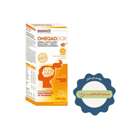 MADDOX Omegadox Omega 3 Orange Honey Flavour Liquid - 200ml | مادوكس أوميجادوكس شراب بنكهة العسل والبرتقال - 200مل