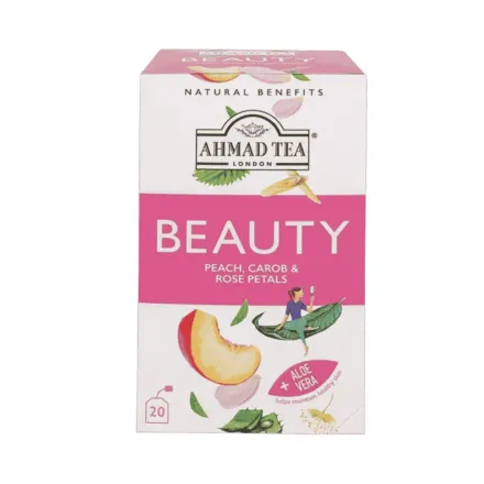 AHMAD TEA BEAUTY PEACH CAROB & ROSE PETALS +Aloe Vera 20 Pcs - 30g - 30g | شاي احمد شاي الجمال خوخ، خرنوب وبتلات الورد 20 ظرف - 30غ