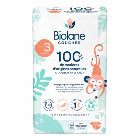 Biolane Natural baby diaper 3 size 4-9 kg - 52 pcs | بايولان حفاضات للأطفال قياس 3 للأطفال بوزن 4-9 كغ - 52 قطعة