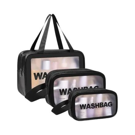 WASHBAG Black rectangular 3-piece bag set | واش باك حقائب تجميل