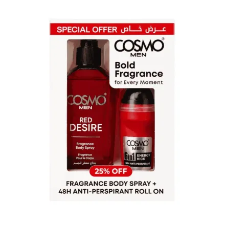 COSMO COSMETICS 2P OFR RED+ENERGY FRG SPRY+6IN1 ROLL - 200ml | كوزمو كوزمتكس إنرجي كت سبراي جسم معطر + رول أون 6 في 1 - 200مل